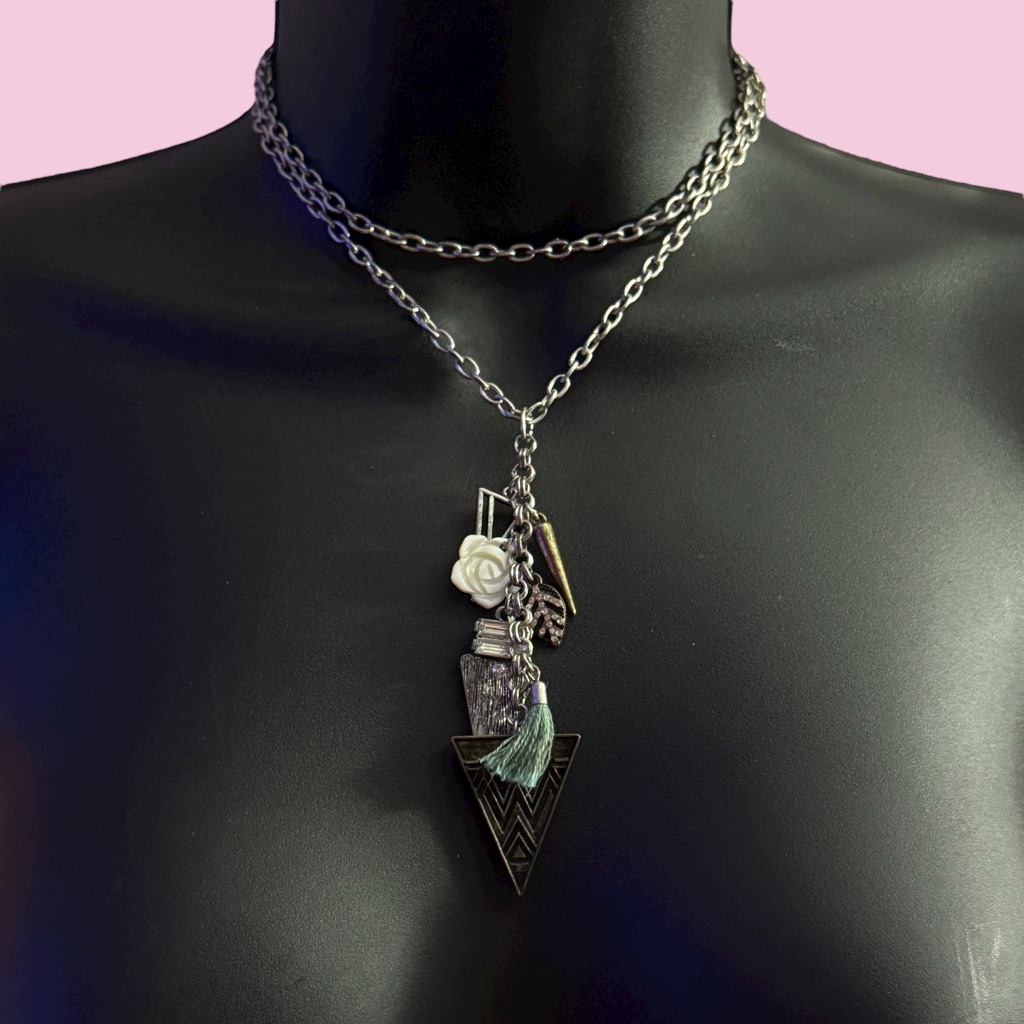 American Eagle Long Silver Tone Charm Tassel Pendant Necklace